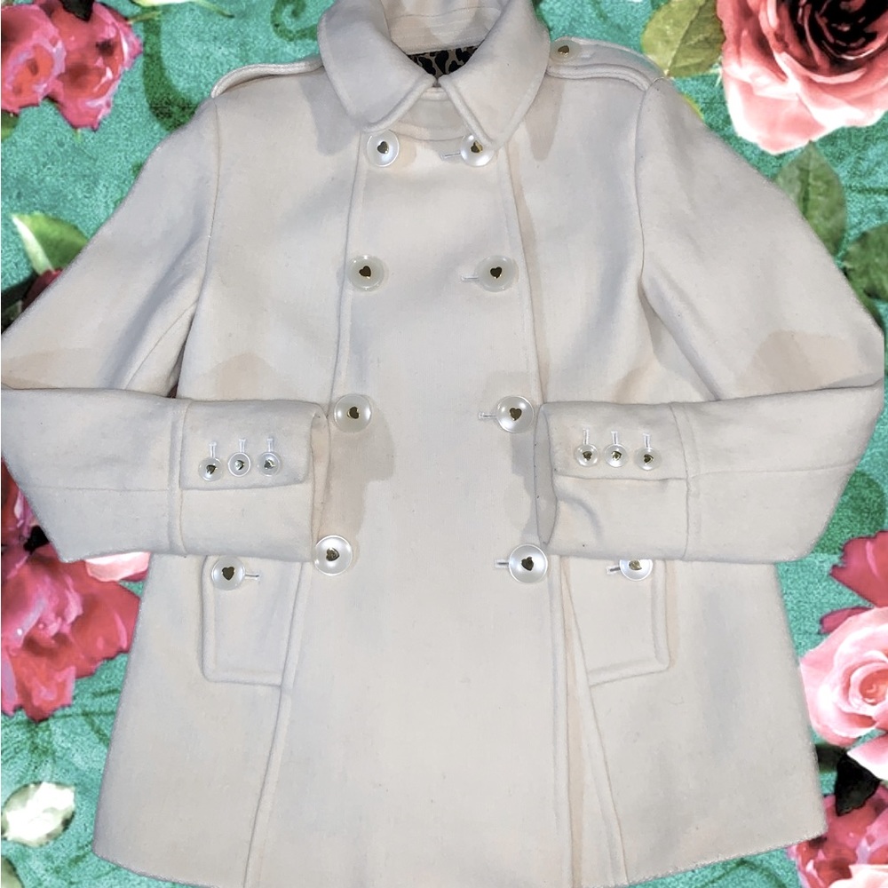 Rare Cream Betsey Johnson Pea Coat with Gold Heart on buttons - Size 4
